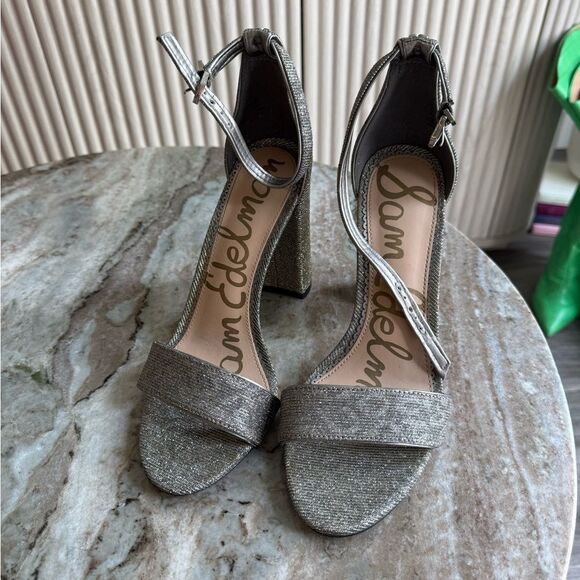 Sam Edelman Yaro glitter silver Ankle Strap Sandal Heels 7 Metallic - Picture 2 of 11